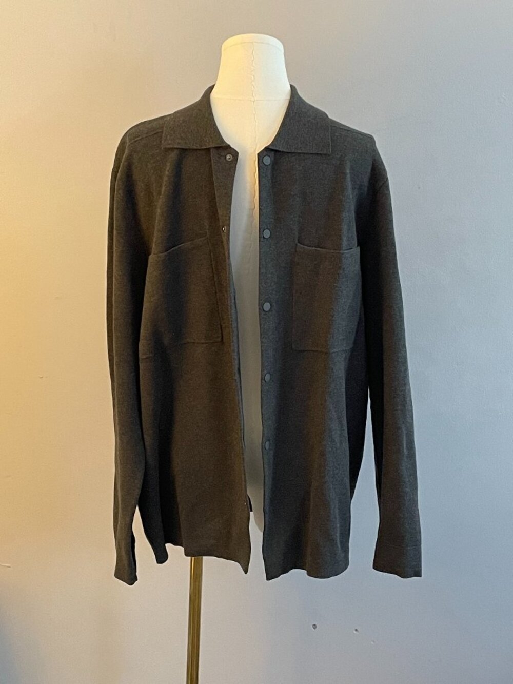 Charcoal Collared Cardigan L - Minimalist Knit Sweater